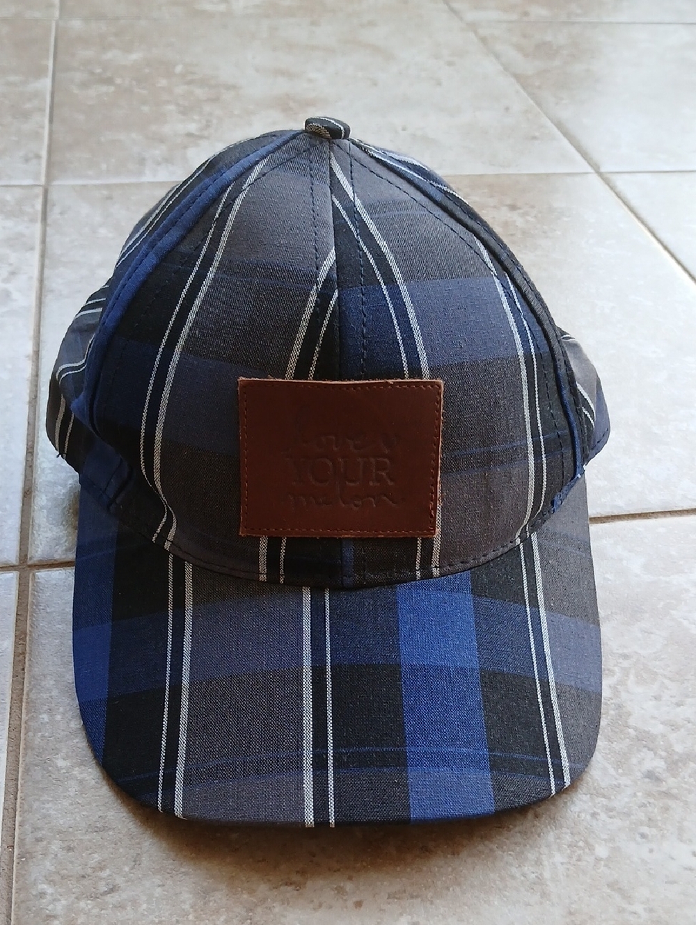 Love Your Melon Blue and Black Plaid Cap with Brown Leather Logo Patch